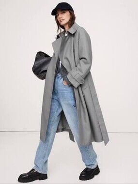 NWT Banana Republic Water Repellant Italian Wool Grey Trench Coat Large New!